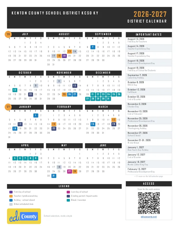 Kenton County School District KCSD printable 2026-27 calendar