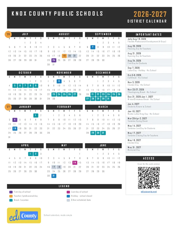 Knox County Public Schools printable 2026-27 calendar