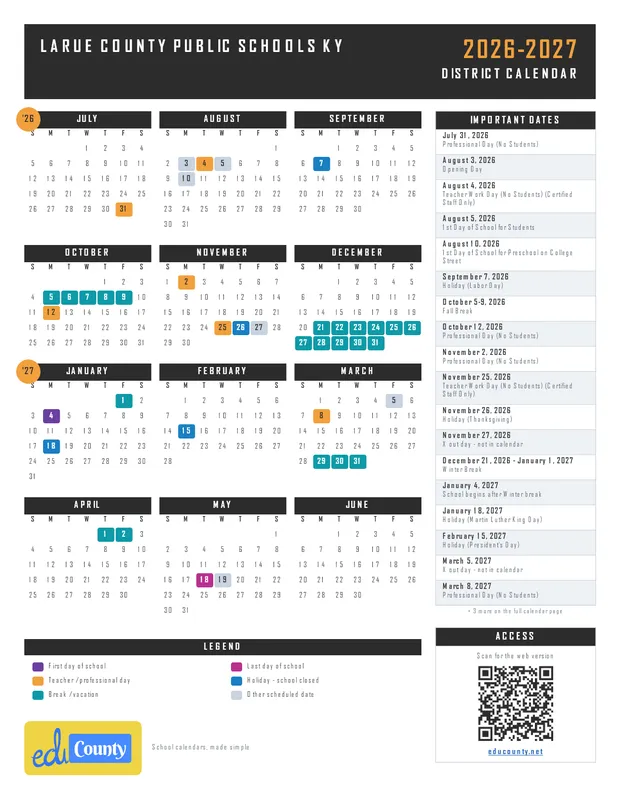 LaRue County Public Schools printable 2026-27 calendar