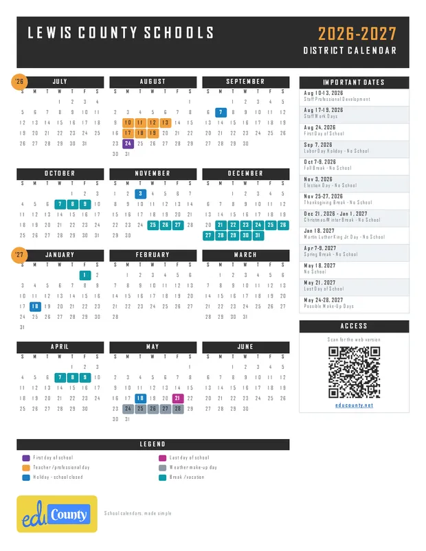 Lewis County Schools printable 2026-27 calendar