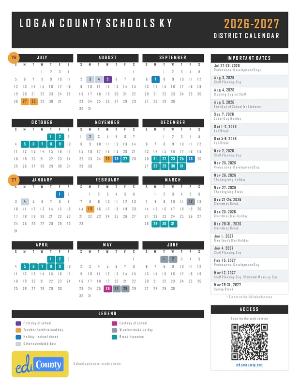 Logan County Schools printable 2026-27 calendar