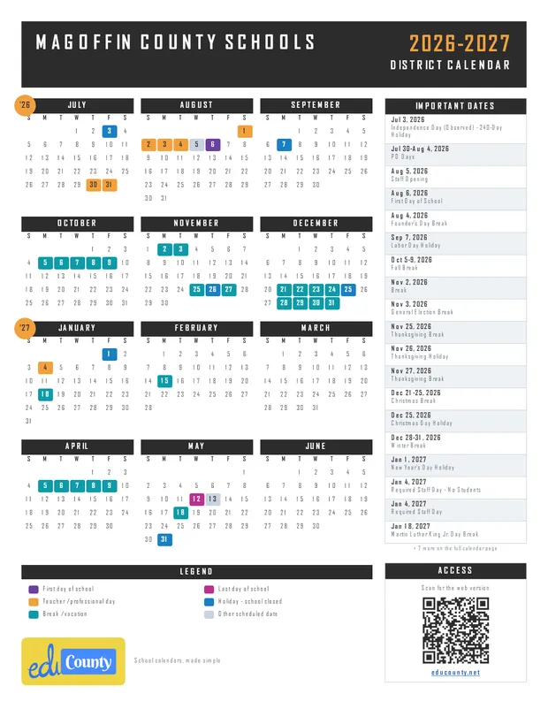 Magoffin County Schools printable 2026-27 calendar
