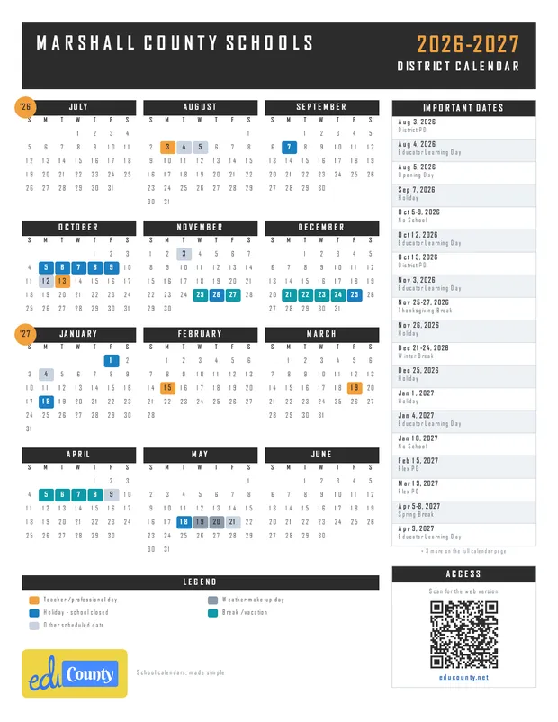 Marshall County Schools printable 2026-27 calendar