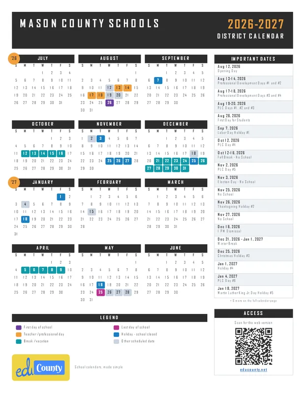 MASON COUNTY SCHOOLS printable 2026-27 calendar