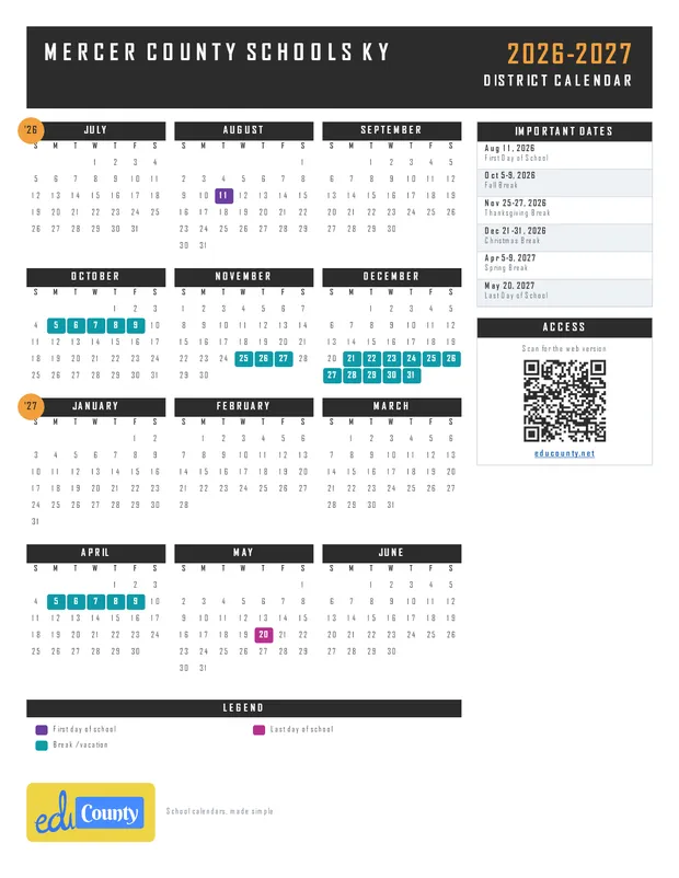 Mercer County Schools printable 2026-27 calendar