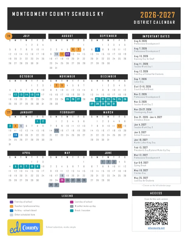 Montgomery County Schools printable 2026-27 calendar