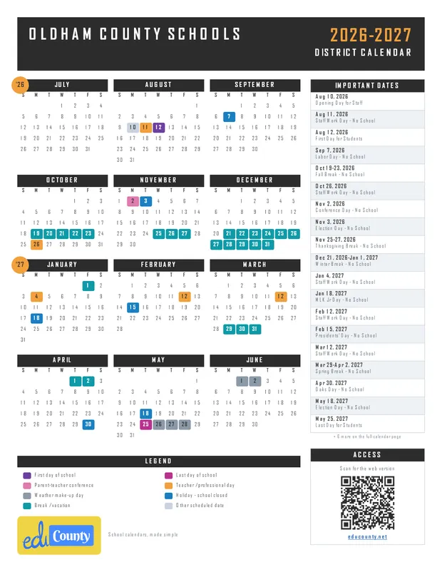 Oldham County Schools printable 2026-27 calendar