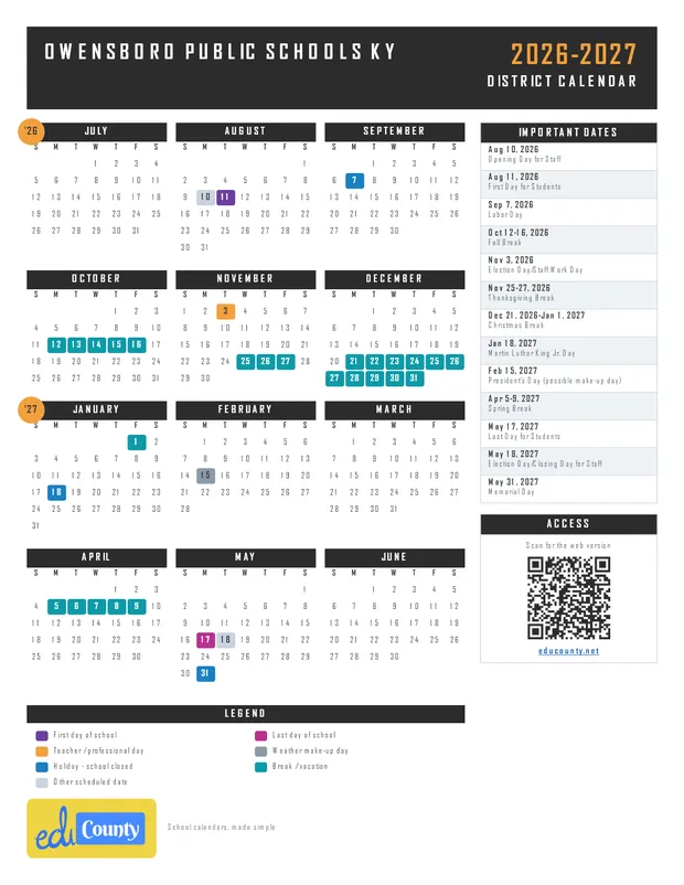 Owensboro Public Schools printable 2026-27 calendar