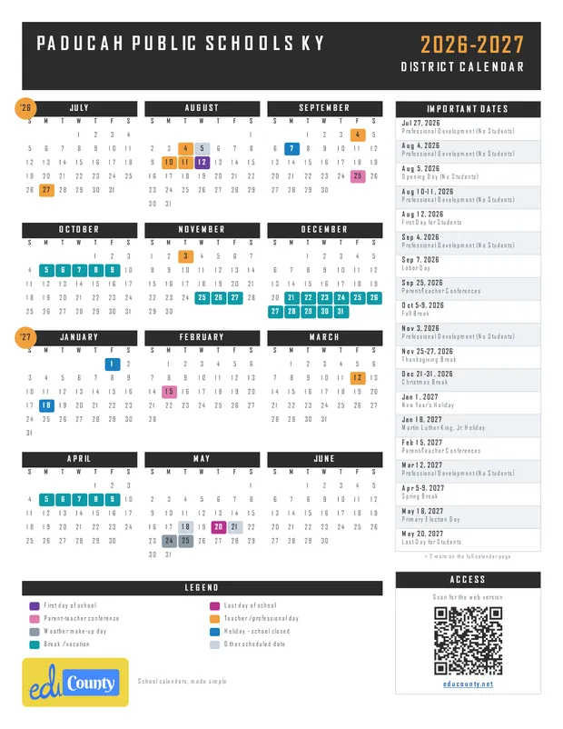 Paducah Public Schools printable 2026-27 calendar