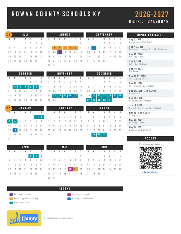 Rowan County Schools printable 2026-27 calendar