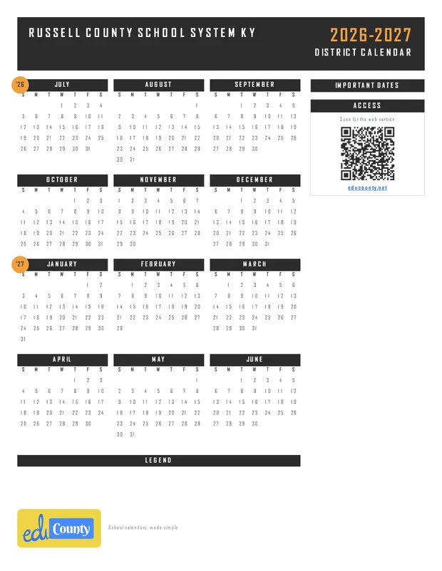 Russell County School System printable 2026-27 calendar