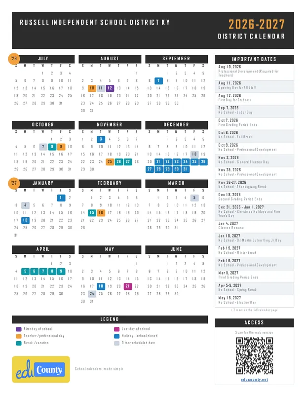 Russell Independent School District printable 2026-27 calendar