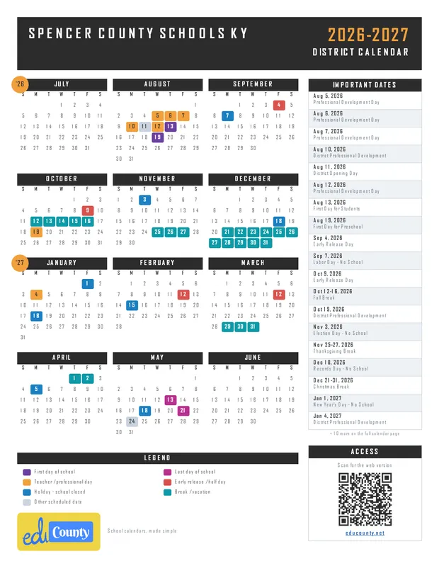 Spencer County Schools printable 2026-27 calendar