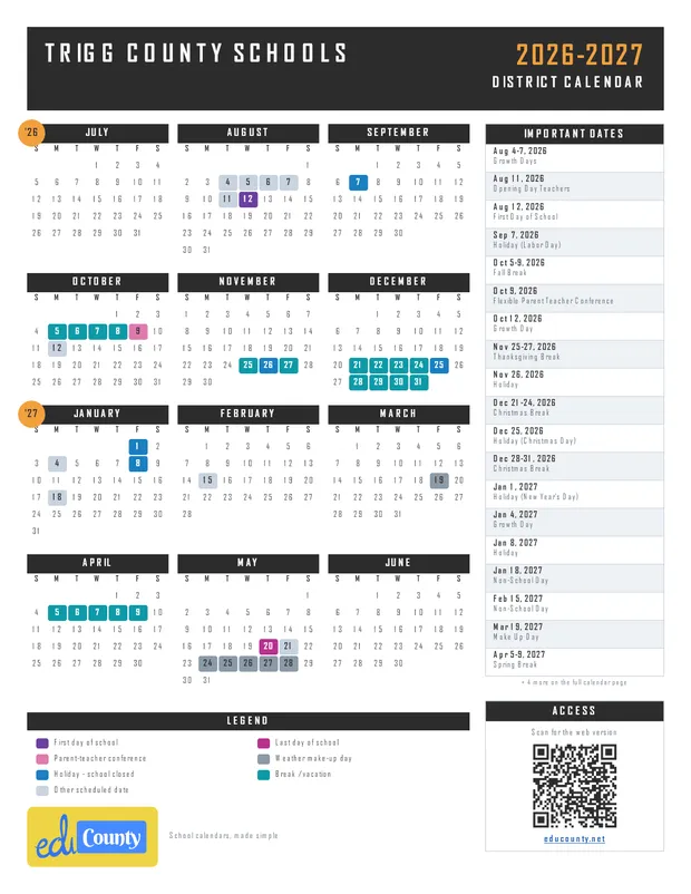 Trigg County Schools printable 2026-27 calendar