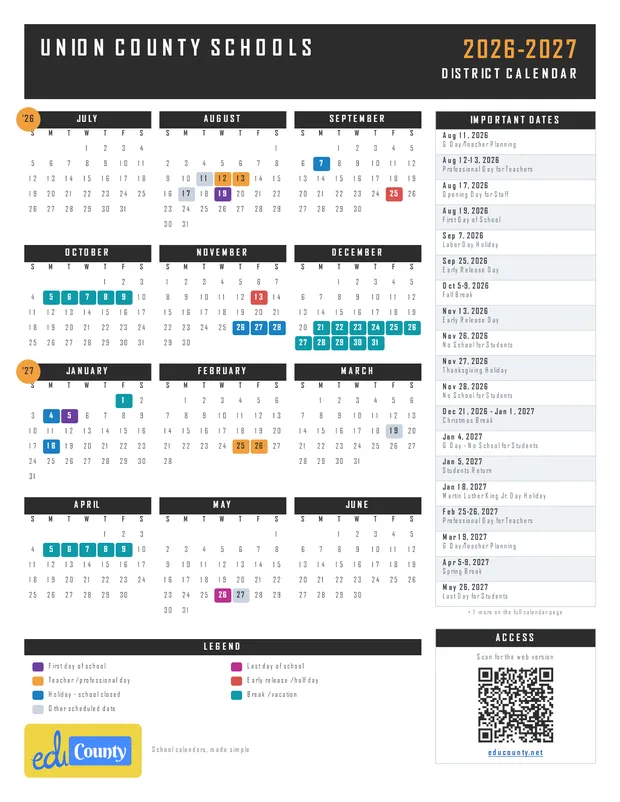 Union County Schools printable 2026-27 calendar
