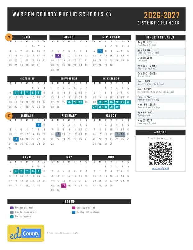 Warren County Public Schools printable 2026-27 calendar