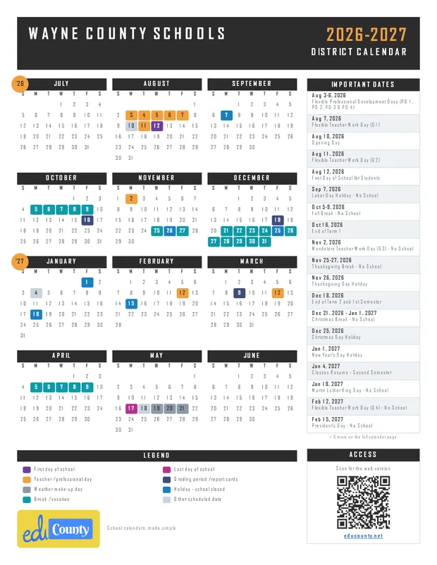 Wayne County Schools printable 2026-27 calendar