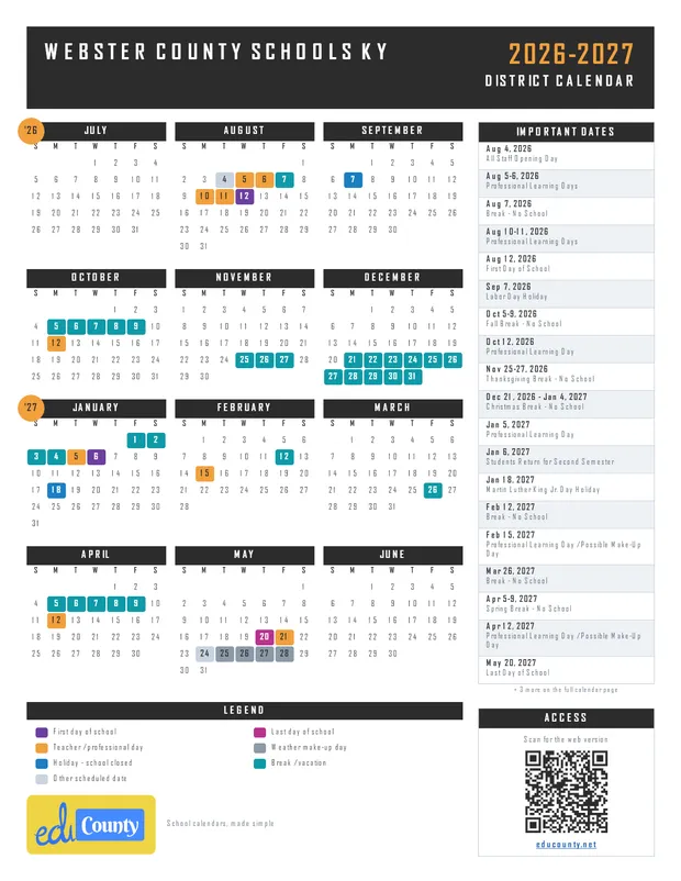 Webster County Schools printable 2026-27 calendar