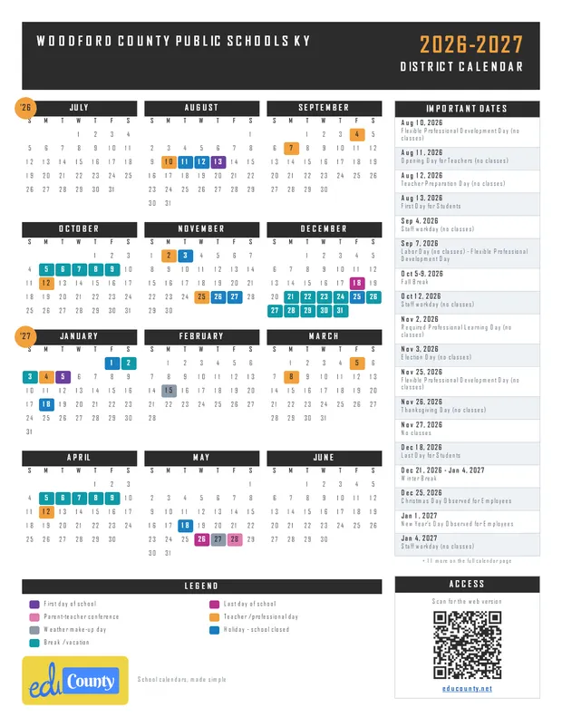Woodford County Public Schools printable 2026-27 calendar