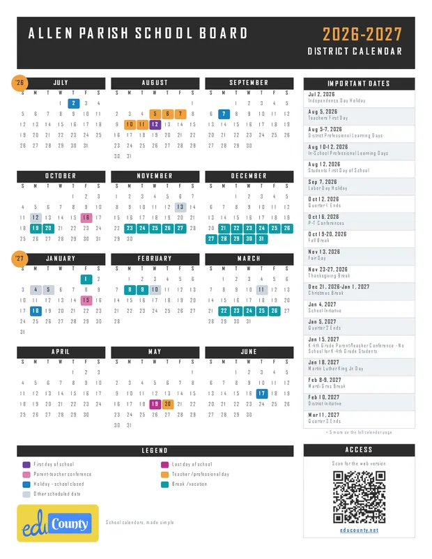Allen Parish School Board printable 2026-27 calendar