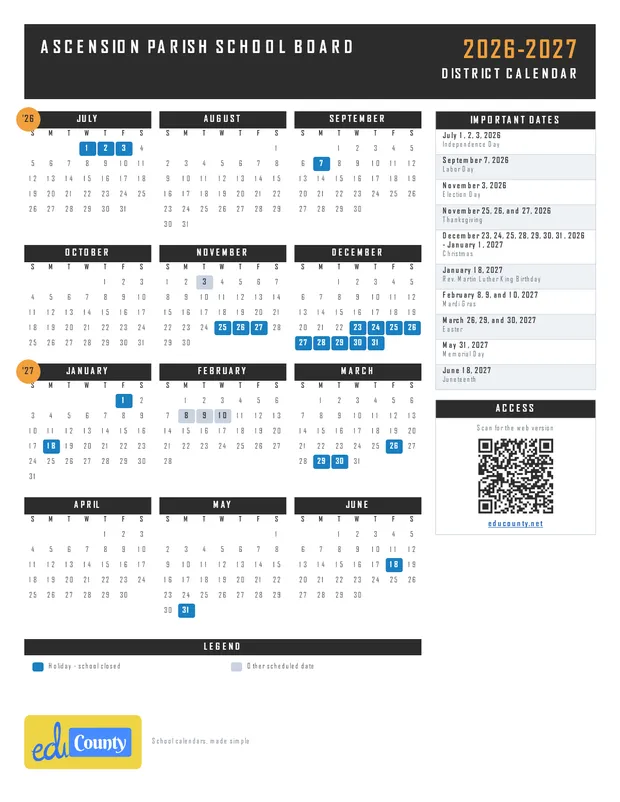 Ascension Parish School Board printable 2026-27 calendar