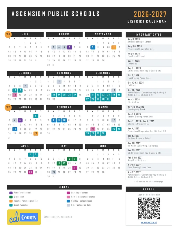 Ascension Public Schools printable 2026-27 calendar