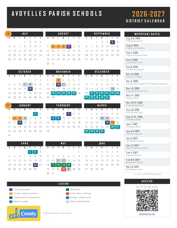 Avoyelles Parish Schools printable 2026-27 calendar