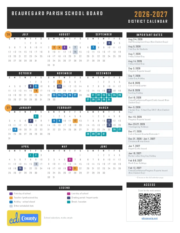 Beauregard Parish School Board printable 2026-27 calendar