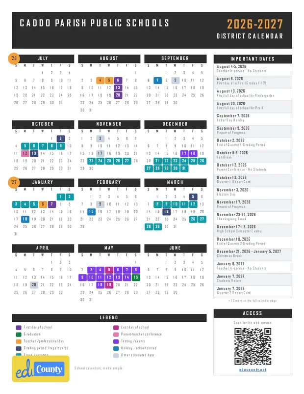 Caddo Parish Public Schools printable 2026-27 calendar