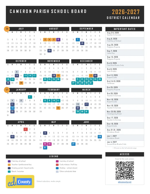 Cameron Parish School Board printable 2026-27 calendar