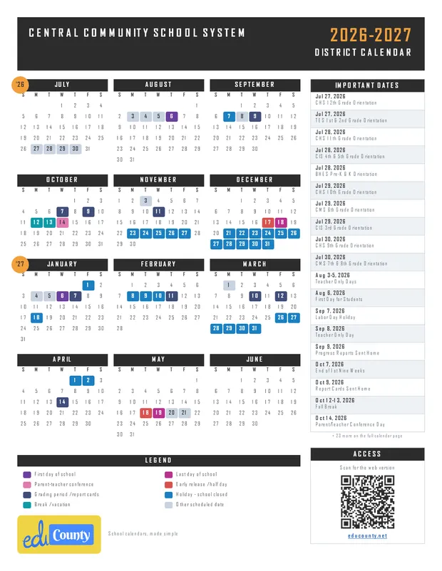 Central Community School System printable 2026-27 calendar