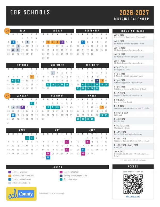 EBR Schools printable 2026-27 calendar