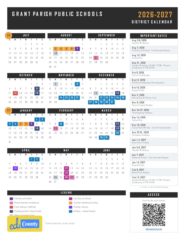 Grant Parish Public Schools printable 2026-27 calendar