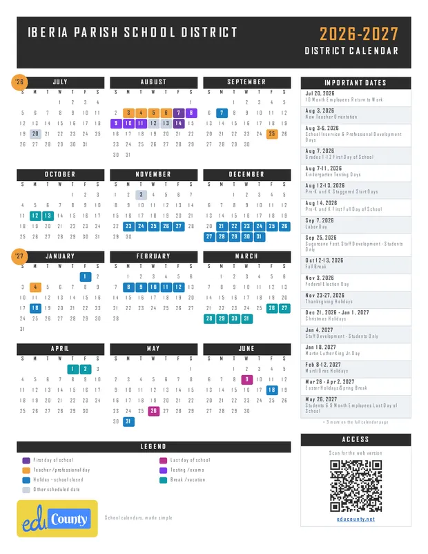 Iberia Parish School District printable 2026-27 calendar