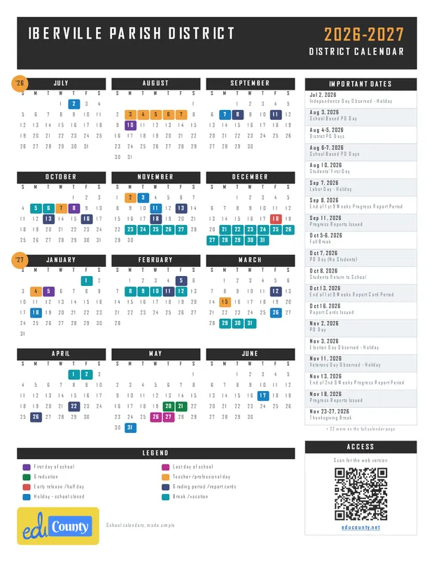 Iberville Parish District printable 2026-27 calendar