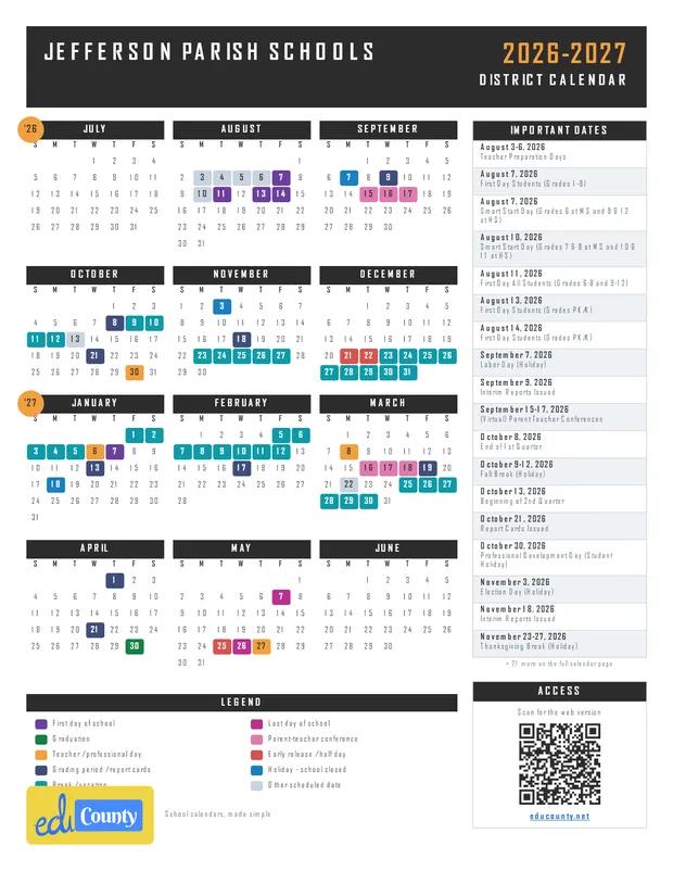 Jefferson Parish Schools printable 2026-27 calendar