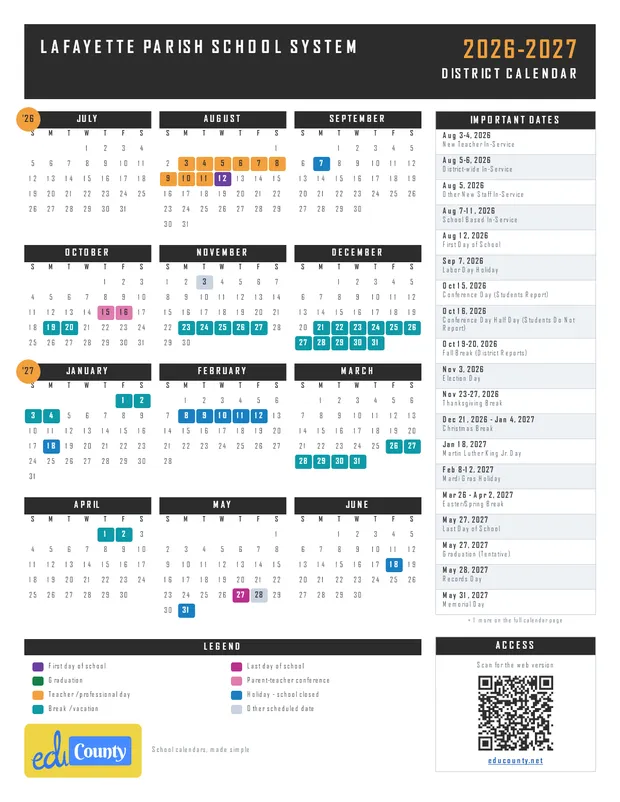 Lafayette Parish School System printable 2026-27 calendar
