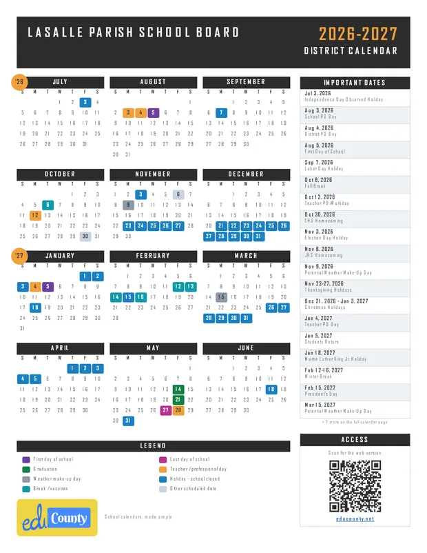 LaSalle Parish School Board printable 2026-27 calendar