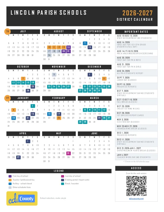 LINCOLN PARISH SCHOOLS printable 2026-27 calendar