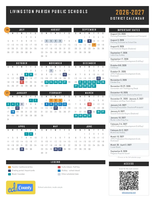 Livingston Parish Public Schools printable 2026-27 calendar