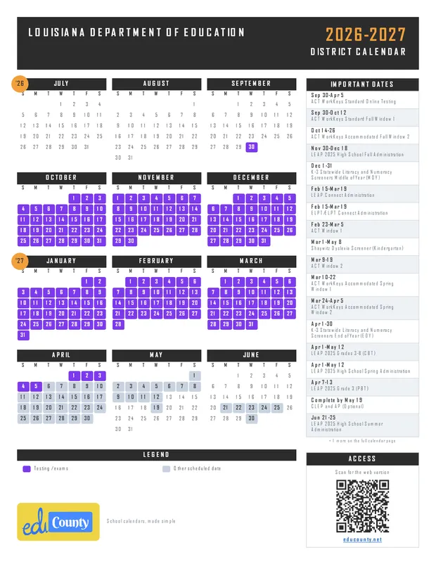 Louisiana Department of Education printable 2026-27 calendar