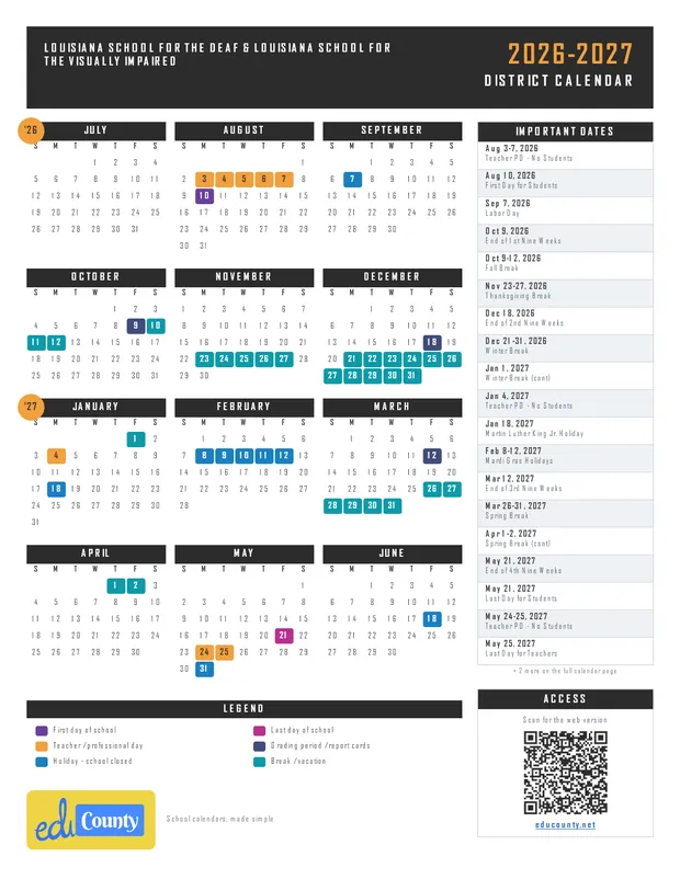 Louisiana School for the Deaf & Louisiana School for the Visually Impaired printable 2026-27 calendar