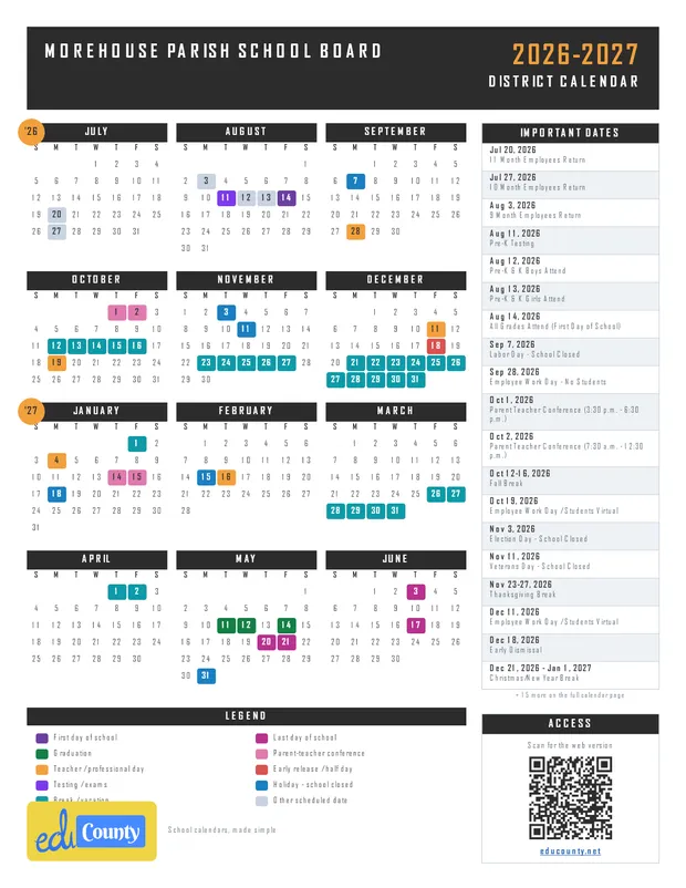 Morehouse Parish School Board printable 2026-27 calendar