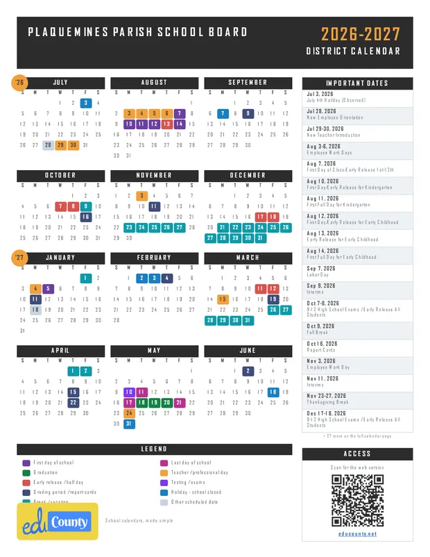 Plaquemines parish school board printable 2026-27 calendar
