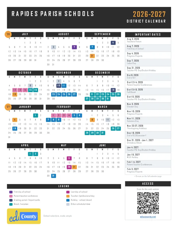 Rapides Parish Schools printable 2026-27 calendar