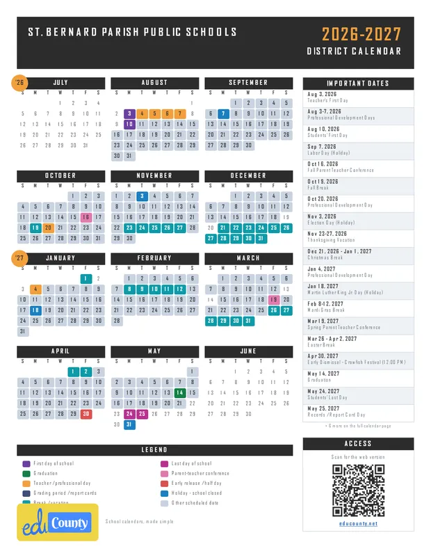 St. Bernard Parish Public Schools printable 2026-27 calendar