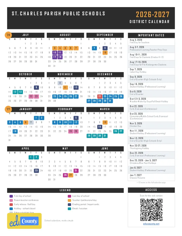 St. Charles Parish Public Schools printable 2026-27 calendar