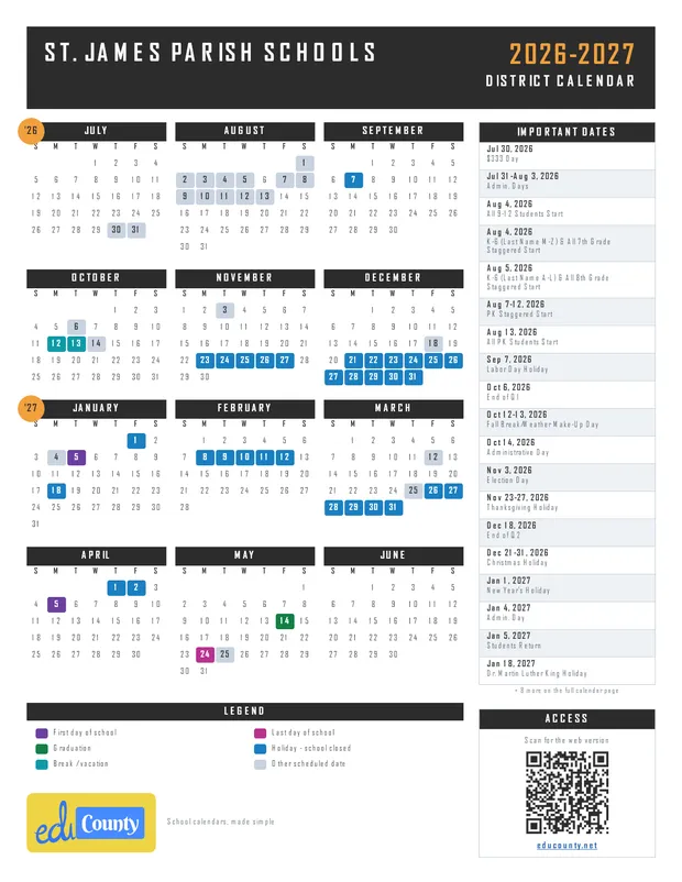 ST. JAMES PARISH SCHOOLS printable 2026-27 calendar