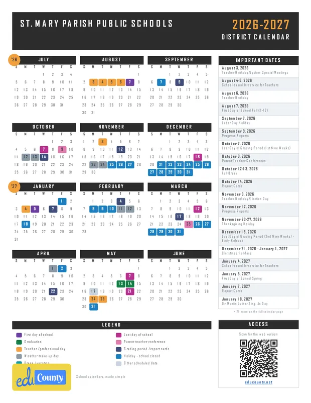 St. Mary Parish Public Schools printable 2026-27 calendar