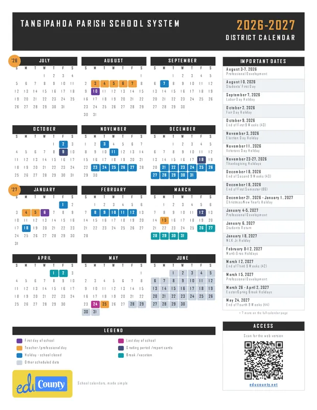 Tangipahoa Parish School System printable 2026-27 calendar